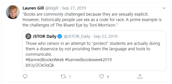 Tweet by Gill regarding The Bluest Eye, which has a graphic child rape scene.